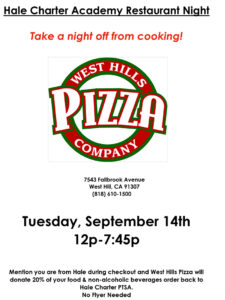 West Hills Pizza Restaurant Fundraiser